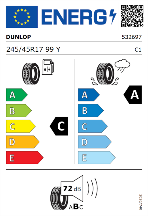 Tyre Label for Dunlop SP Sport Maxx RT 2 245/45R17 99Y