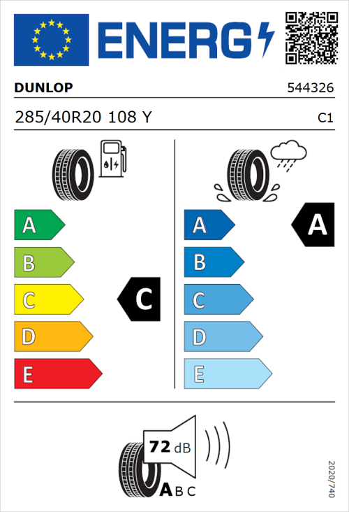 Tyre Label for Dunlop SP Sport Maxx RT 2 285/40R20 108Y