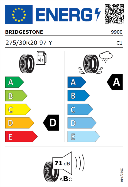 Tyre Label for Bridgestone Potenza S007 275/30R20 97Y