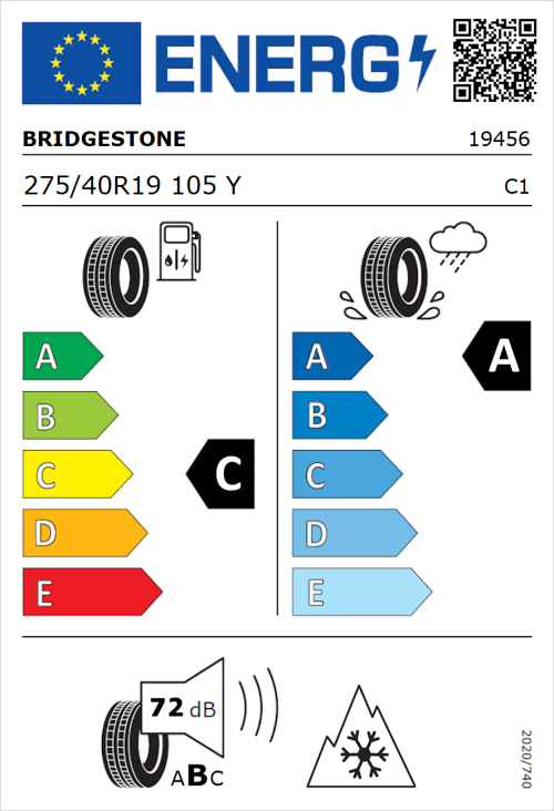 Tyre Label for Bridgestone Weather Control A005 EVO 275/40R19 105Y