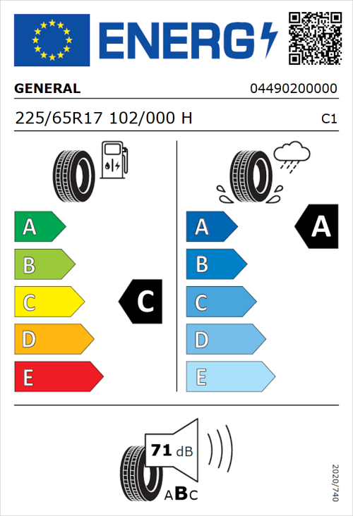 Tyre Label for General Grabber GT Plus 225/65R17 102/000H