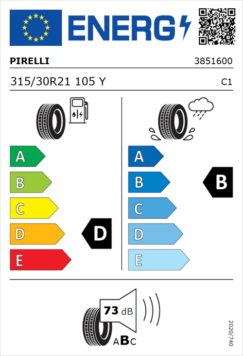 Tyre Label for Pirelli P Zero (PZ4) Luxury 315/30R21 105Y