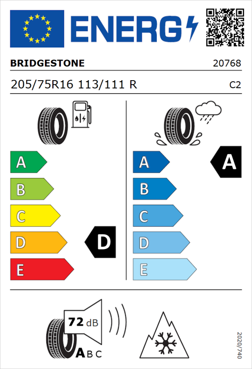 Tyre Label for Bridgestone Duravis All Season 205/75R16 113/111R