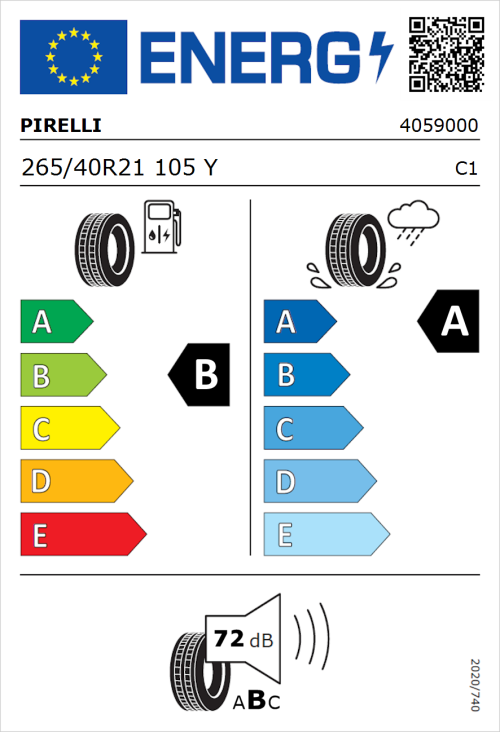 Tyre Label for Pirelli P Zero (PZ4) Luxury 265/40R21 105Y