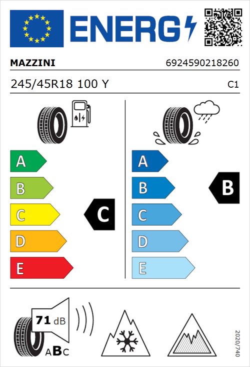 Tyre Label for Mazzini Versat-AS8 245/45R18 100Y