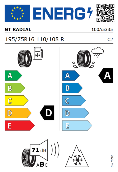 Tyre Label for GT Radial Maxmiler WT3 195/75R16 110/108R