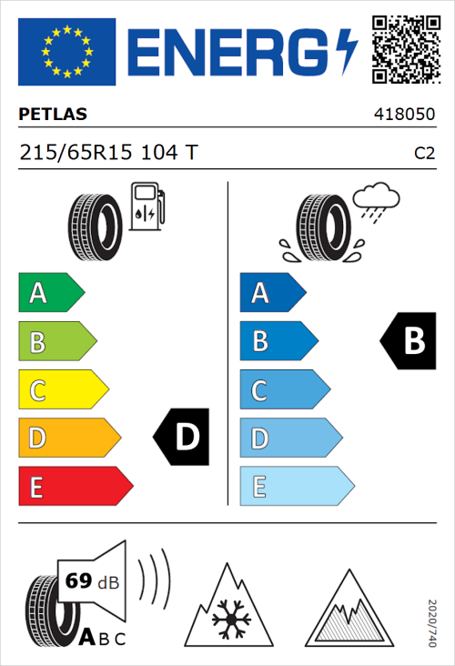 Tyre Label for Petlas Van Master A/S 215/65R15 104T